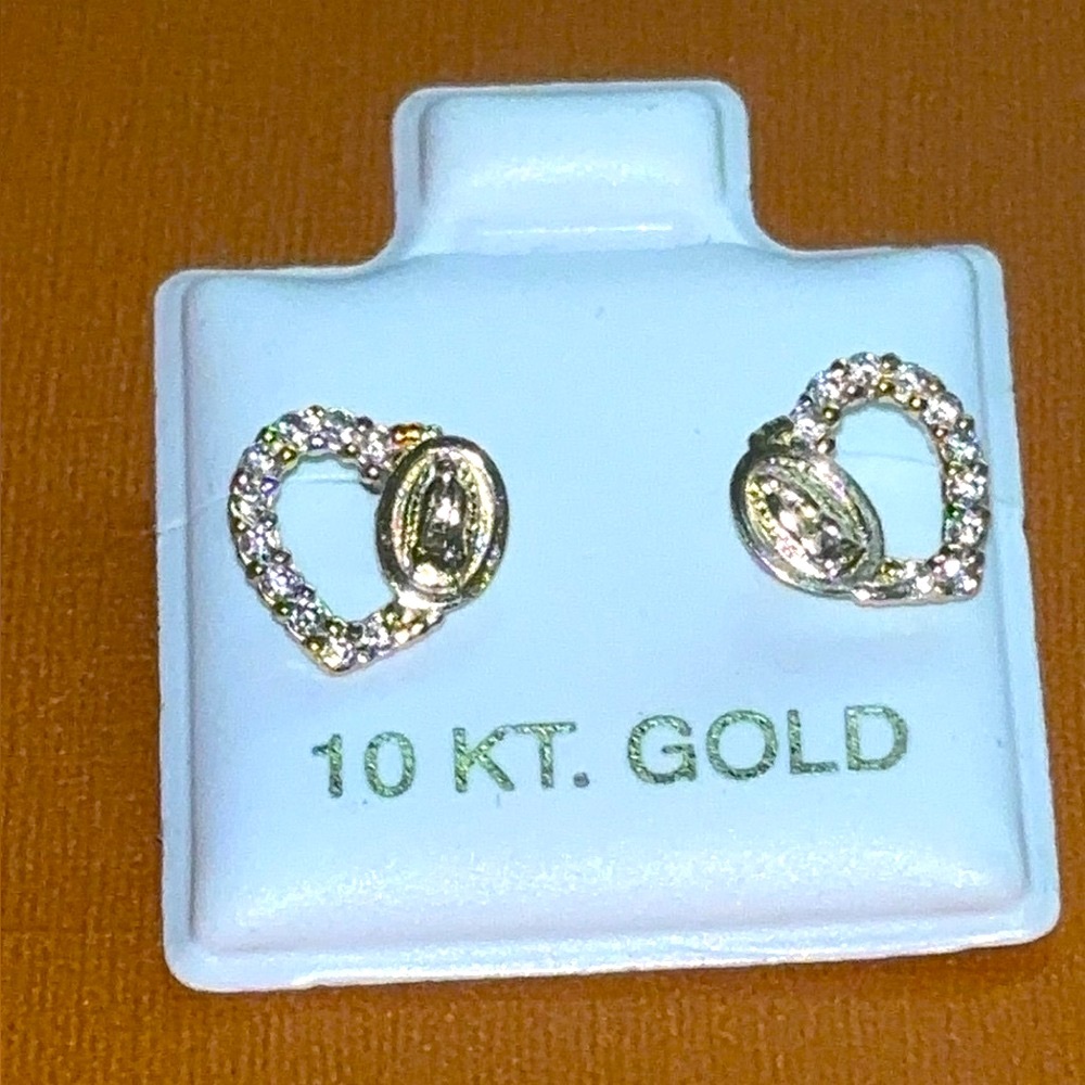 Real 10kt Gold Heart and Virgin Mary Crystal Earrings.